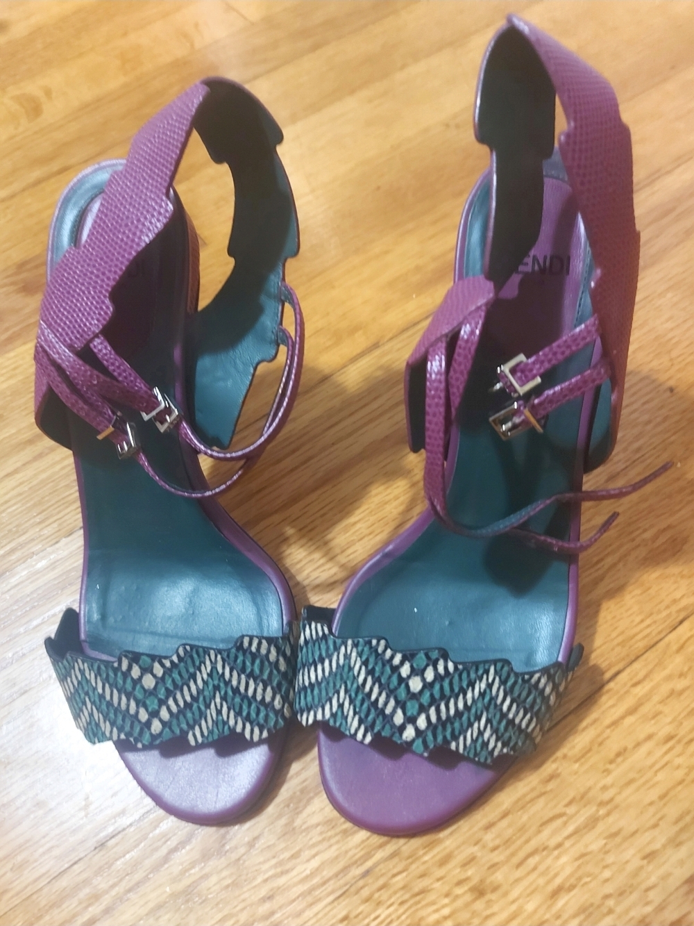 Fendi Purple Heeled Sandals with Teal Footbed and Patterned Toe Strap